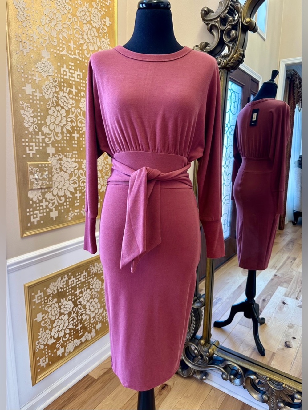 Fashion Nova Rose-Pink Long Sleeve Tie-Waist Midi Dress